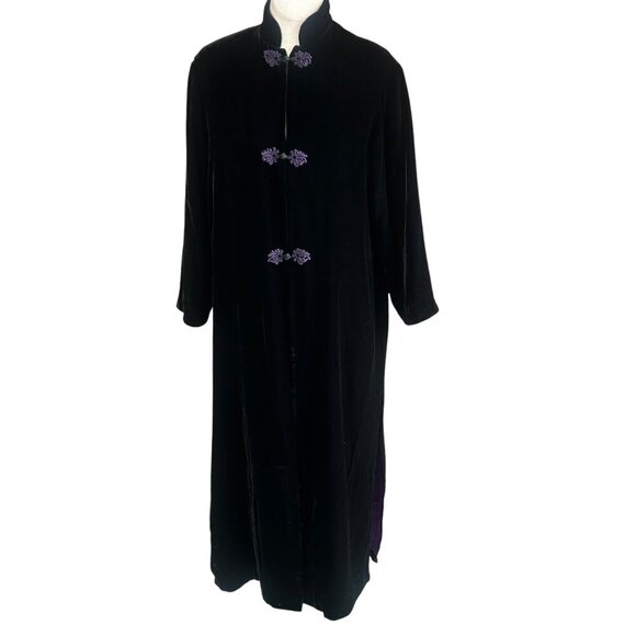 Simone Chin Chin Black Velvet Maxi Opera Coat Purple Silk Lined Size Medium - Picture 1 of 10